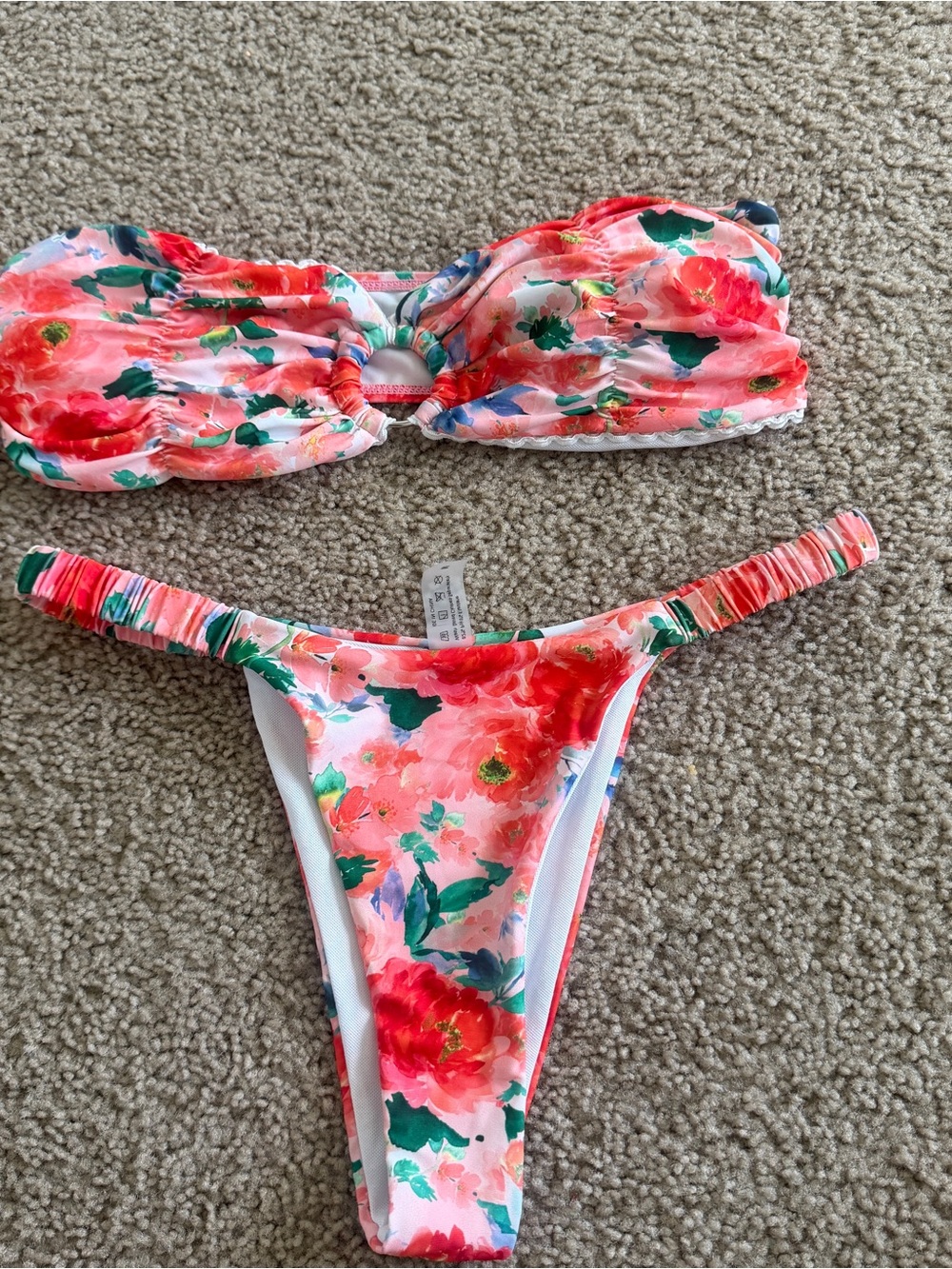 Floral Pink Bandeau Bikini Set with Ring Detail